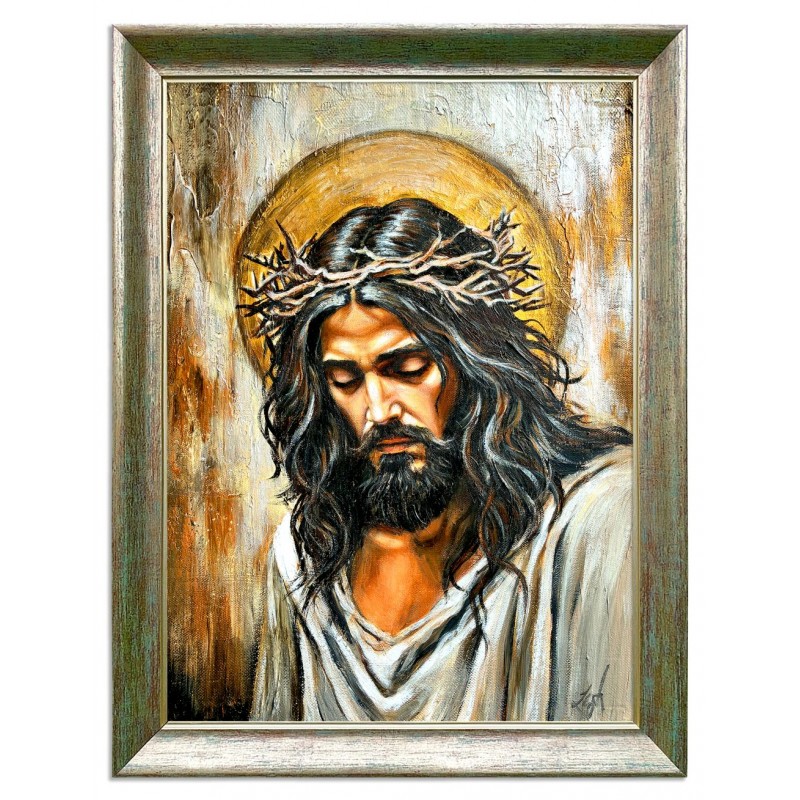  Obraz ręcznie malowany Jezus Chrystus w koronie cierniowej w ramie D7059lib