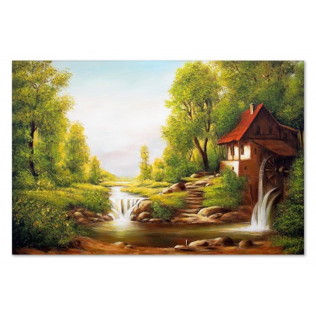 Obraz olejny ręcznie malowany 60x90cm Leśna chatka przy jeziorze