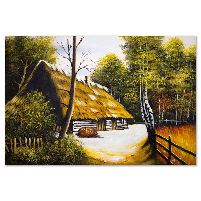 Obraz olejny ręcznie malowany 60x90cm Leśna chatka