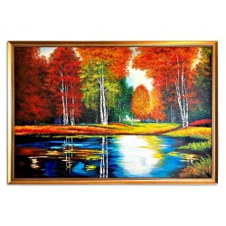  Obraz malowany Jesienny staw pod lasem 50x70cm w ramie