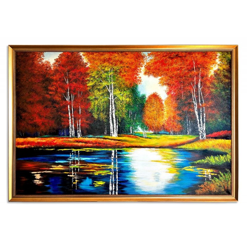  Obraz malowany Jesienny staw pod lasem 50x70cm w ramie