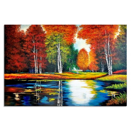  Obraz malowany Jesienny staw pod lasem 50x70cm