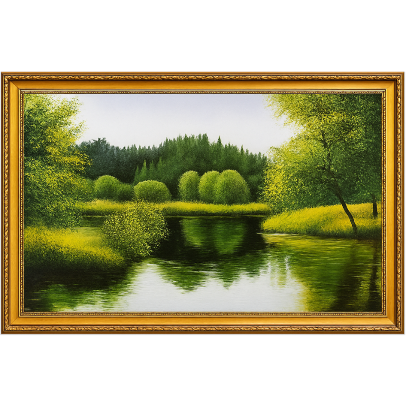  Obraz ręcznie malowany Pejzaż 50x70cm Zielona łąka nad stawem w ramie
