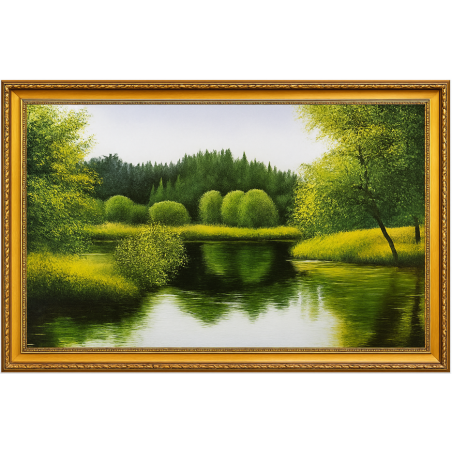 Obraz ręcznie malowany Pejzaż 50x70cm Zielona łąka nad stawem w ramie