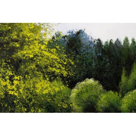  Obraz ręcznie malowany Pejzaż 50x70cm Zielona łąka nad stawem w ramie