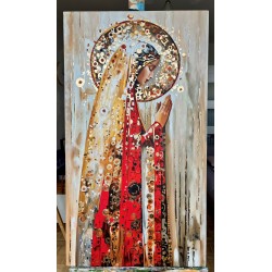  Obraz ręcznie malowany z elementami płatków złota złoty 70x130 cm Modlitwa
