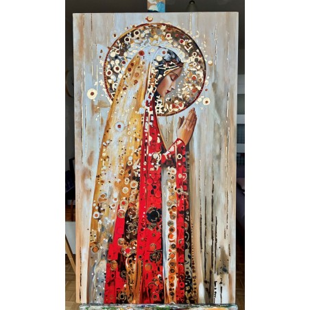  Obraz ręcznie malowany z elementami płatków złota złoty 70x130 cm Modlitwa