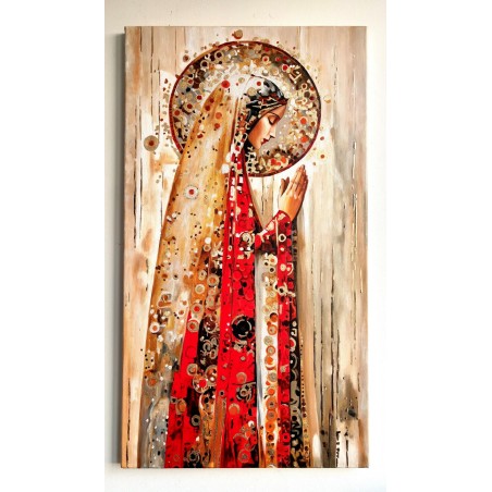  Obraz ręcznie malowany z elementami płatków złota złoty 70x130 cm Modlitwa
