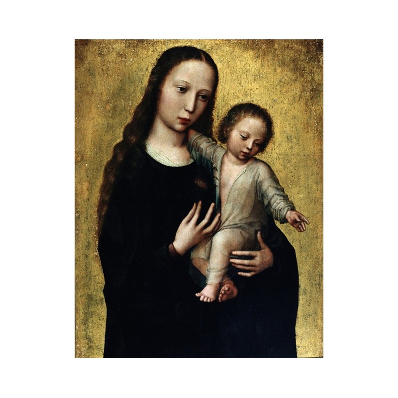  Obraz ręcznie malowany z elementami płatków złota 60x80 cm Adriaen Isenbrandt Matka Boska z dzieciątkiem
