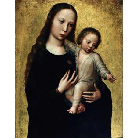  Obraz ręcznie malowany z elementami płatków złota 60x80 cm Adriaen Isenbrandt Matka Boska z dzieciątkiem