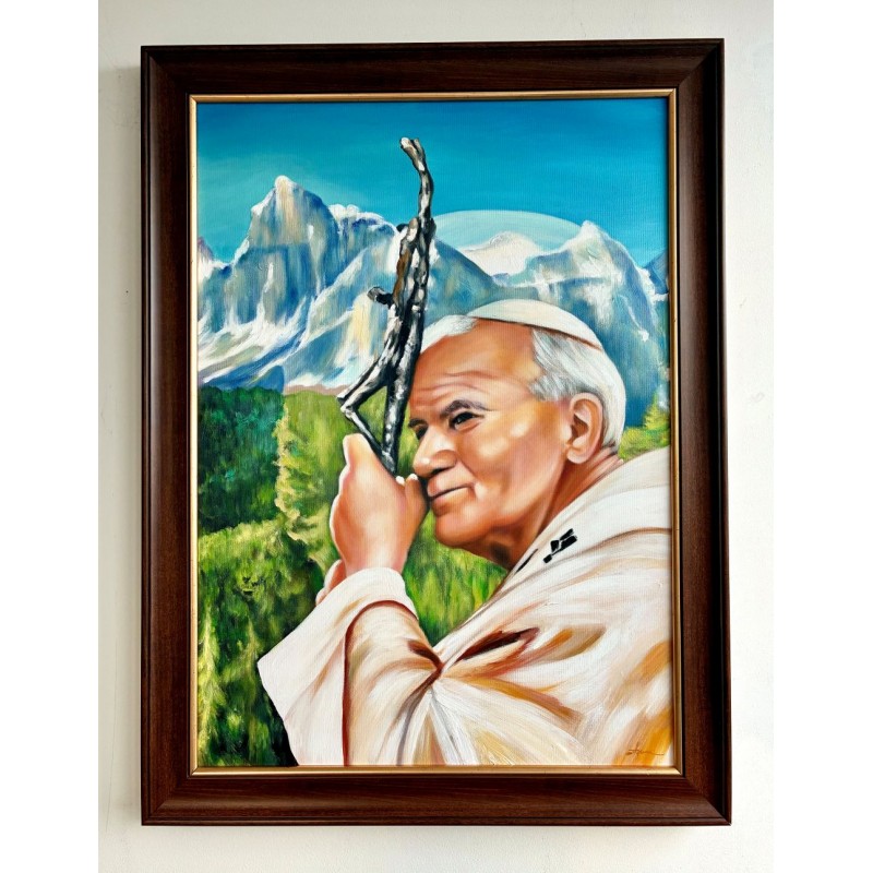  Obraz ręcznie malowany Jan Paweł II w górach 40x50cm w ramie D3235gor