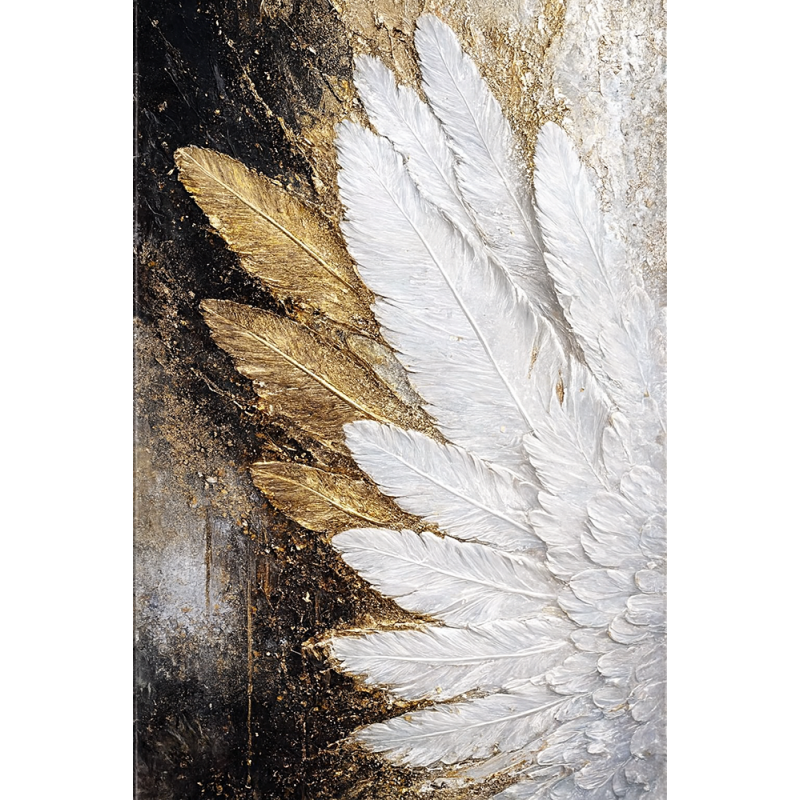  Obraz ręcznie malowany z elementami płatków złota 40x60 cm Pióra