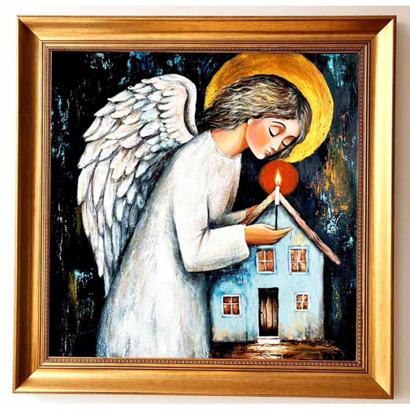  Obraz ręcznie malowany 60x60 cm Anioł Stróż w ramie D9160zwi