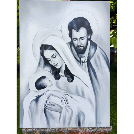  Obraz Świętej Rodziny na ślub 50x70 cm malowany olejny czarno-biały