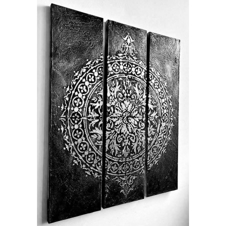  Obraz ręcznie malowany 20x75 cm x 3 TRYPTYK Srebrna Mandala Premium