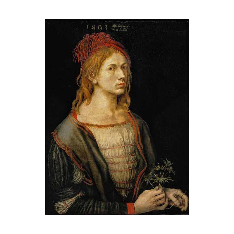  Obraz ręcznie malowany 30x40 cm Albrecht Dürer Autoportret z kwiatem mikołajka