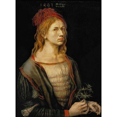  Obraz ręcznie malowany 30x40 cm Albrecht Dürer Autoportret z kwiatem mikołajka