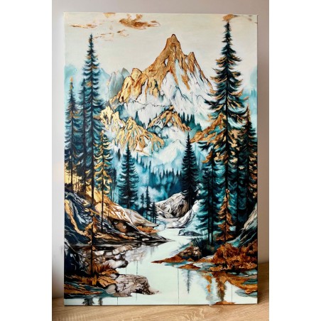  Obraz ręcznie malowany z elementami płatków złota 60x90 cm Zachód słońca w górach