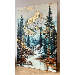  Obraz ręcznie malowany z elementami płatków złota 60x90 cm Zachód słońca w górach