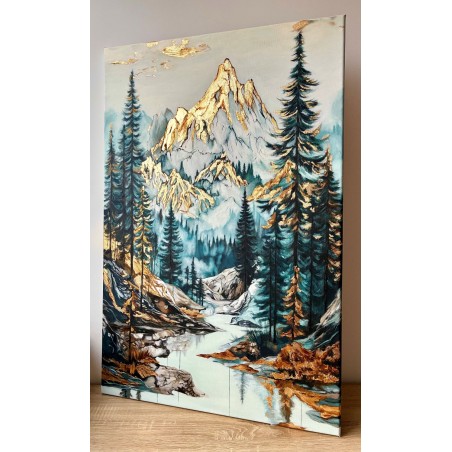 Obraz ręcznie malowany z elementami płatków złota 60x90 cm Zachód słońca w górach