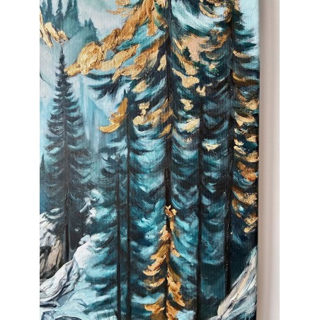  Obraz ręcznie malowany z elementami płatków złota 60x90 cm Zachód słońca w górach