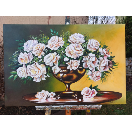  Obraz olejny ręcznie malowany Kwiaty 60x90cm Jasne róże