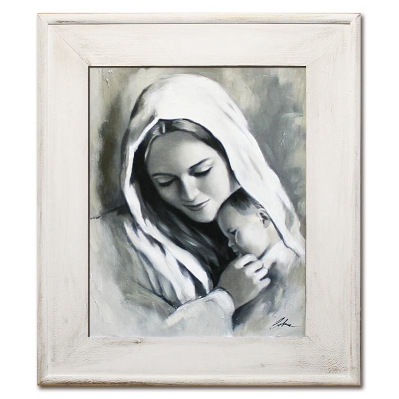  Obraz Matki Boskiej z Dzieciątkiem 59x69 cm obraz olejny na płótnie obraz czarno-biały