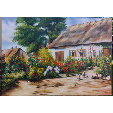  Obraz malowany Peder Monsted Wiejski ogród z kurami