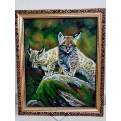  Obraz olejny ręcznie malowany Małe Rysie w lesie 40x50 cm
