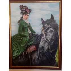  Obraz olejny ręcznie malowany Jesienna przejażdżka Dama na koniu 60x80 cm