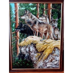  Obraz olejny ręcznie malowany Jesienna przejażdżka Wilki Wataha 60x80 cm