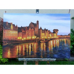  Obraz olejny ręcznie malowany 60x90cm Ciepłe światło miasta Gdańsk