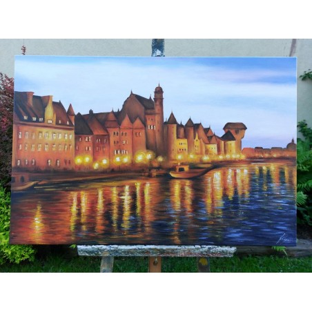  Obraz olejny ręcznie malowany 60x90cm Ciepłe światło miasta Gdańsk