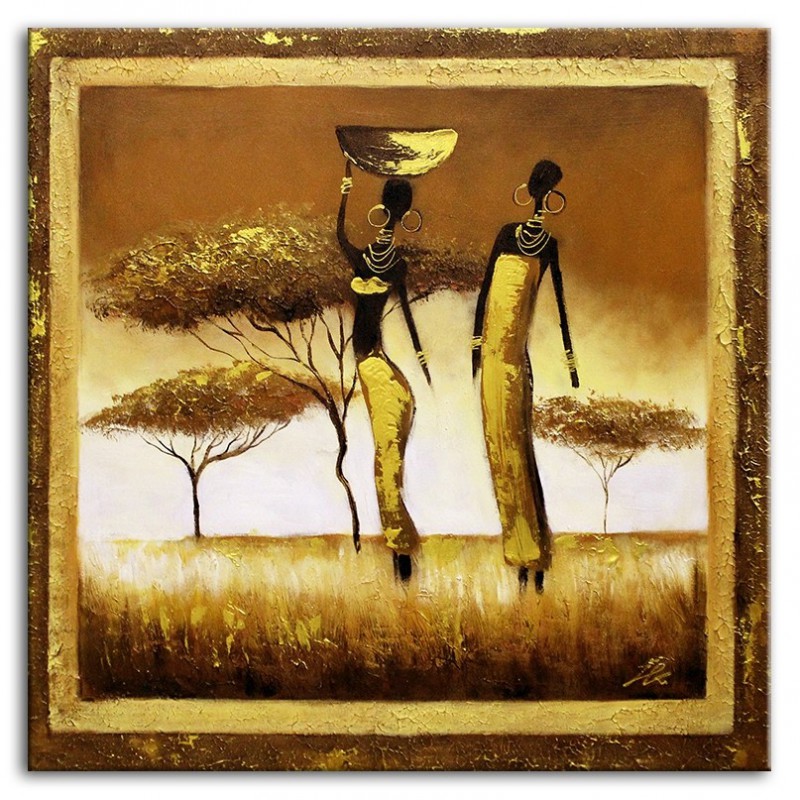  Obraz olejny ręcznie malowany 60x60cm Ludzie spacerujący przez sawannę