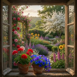  Obraz na płótnie Widok z okna na różany ogród