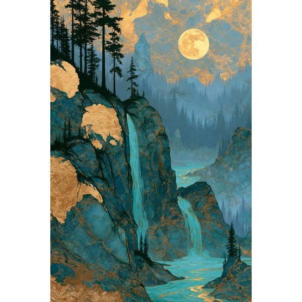  Obraz ręcznie malowany na płótnie Złoty Księżyc nad Mistycznym Wodospadem