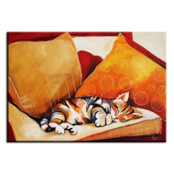  Obraz ręcznie malowany na płótnie 60x90cm śpiący Kotek na kanapie