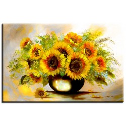  Obraz olejny ręcznie malowany 60x90cm Słoneczniki w czarnym wazonie