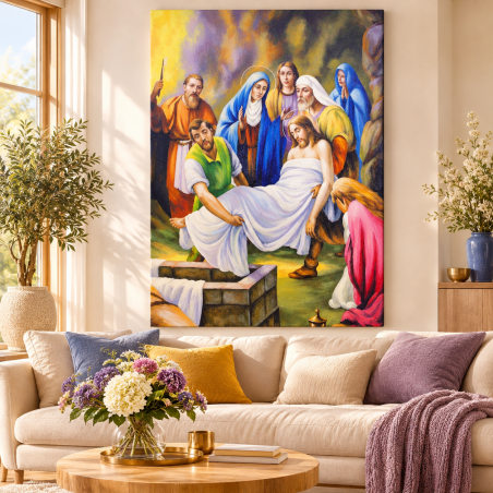 Obraz ręcznie malowany 50x70cm Droga Krzyżowa Stacja XIV Ciało Jezusa złożone do grobu